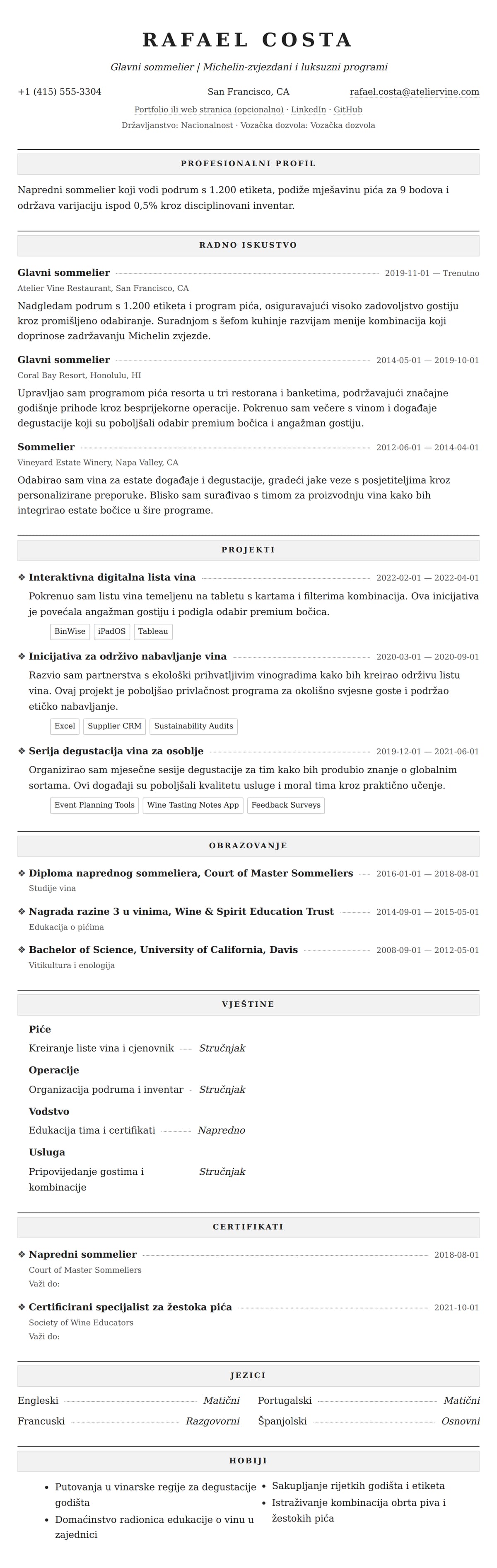 Pregled životopisa za Primjer CV-a za sommeliera