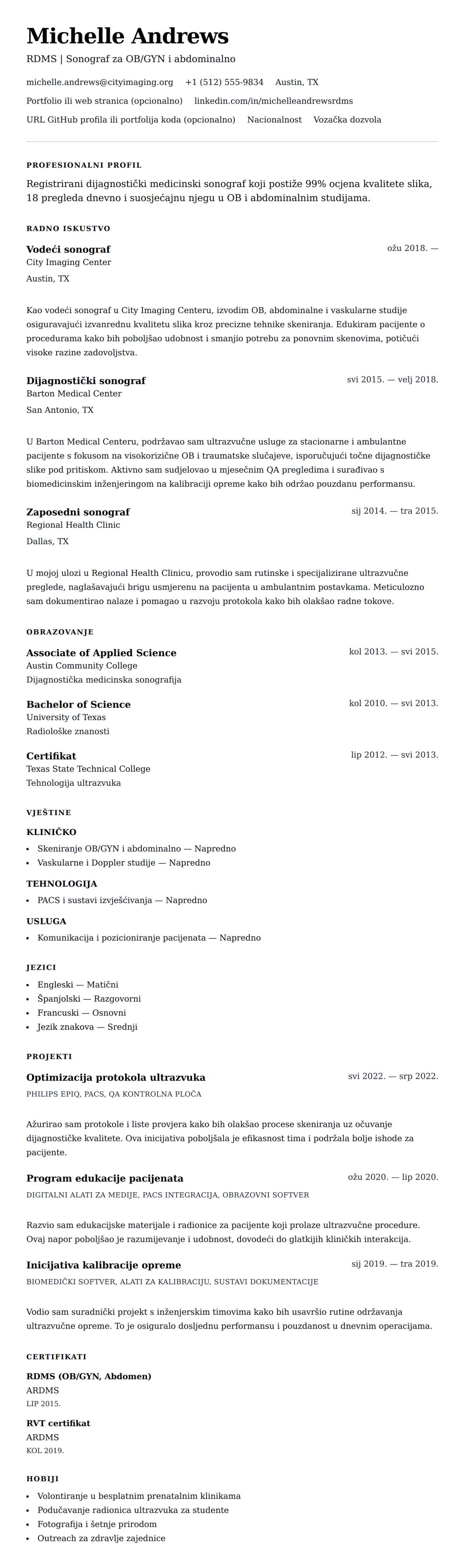 Pregled životopisa za Primjer životopisa sonografa