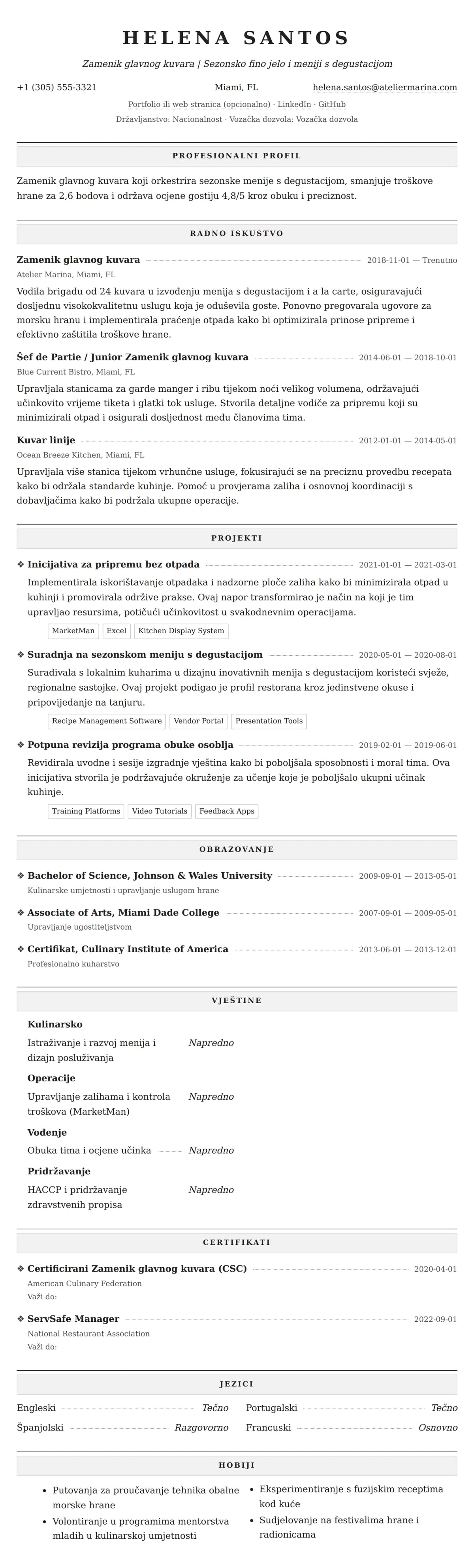 Pregled životopisa za Primjer životopisa za zamjenika glavnog kuvara