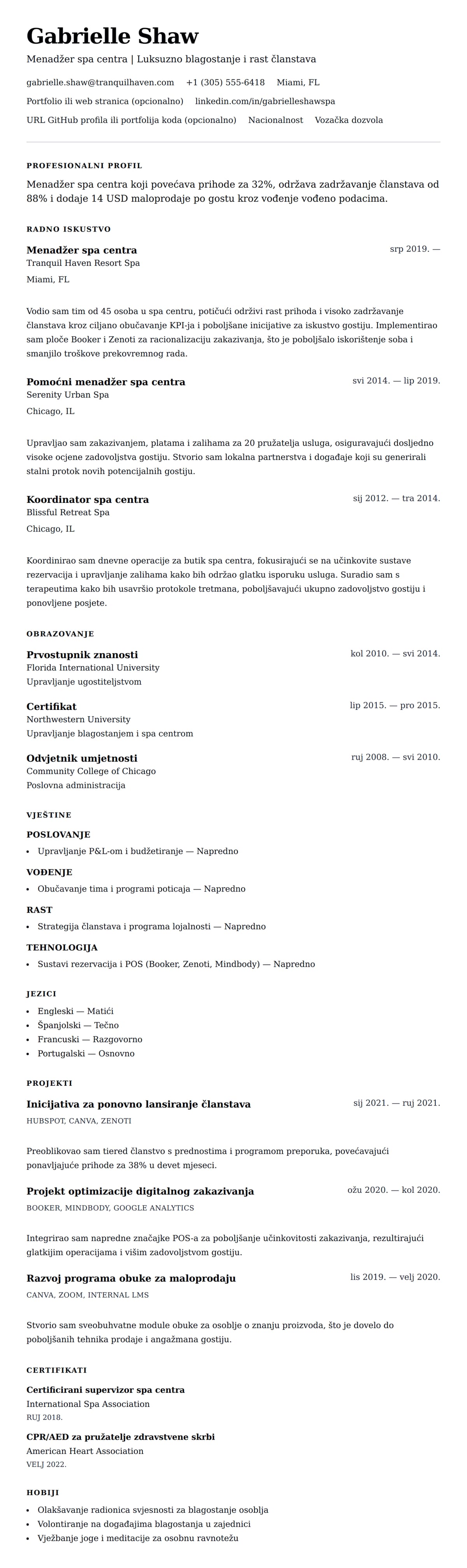 Pregled životopisa za Primjer životopisa menadžera spa centra