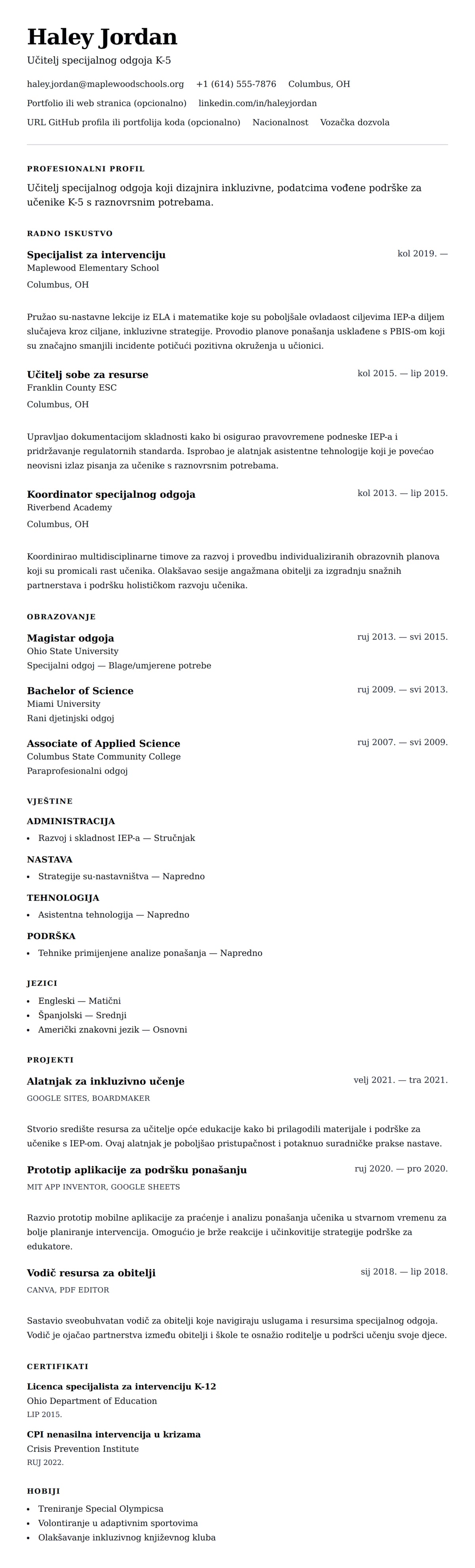 Pregled životopisa za Primjer životopisa učitelja specijalnog odgoja