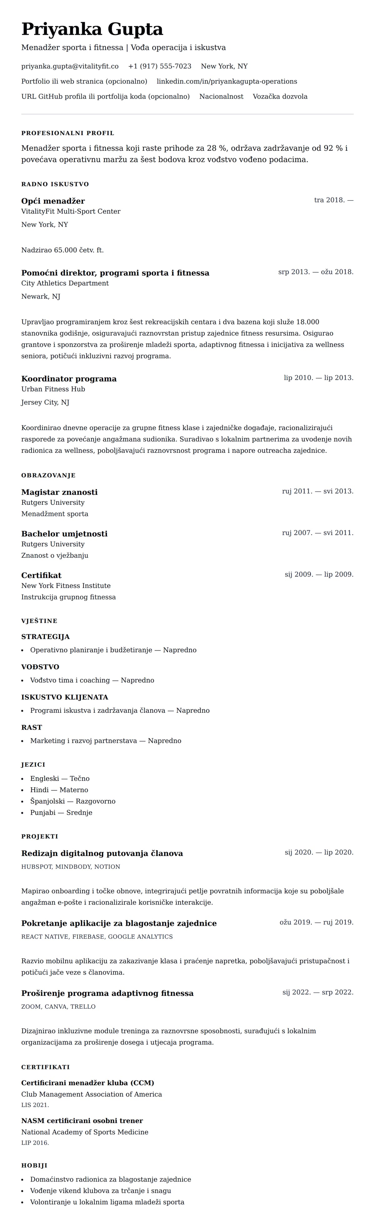 Pregled životopisa za Primjer životopisa za menadžera sporta i fitnessa