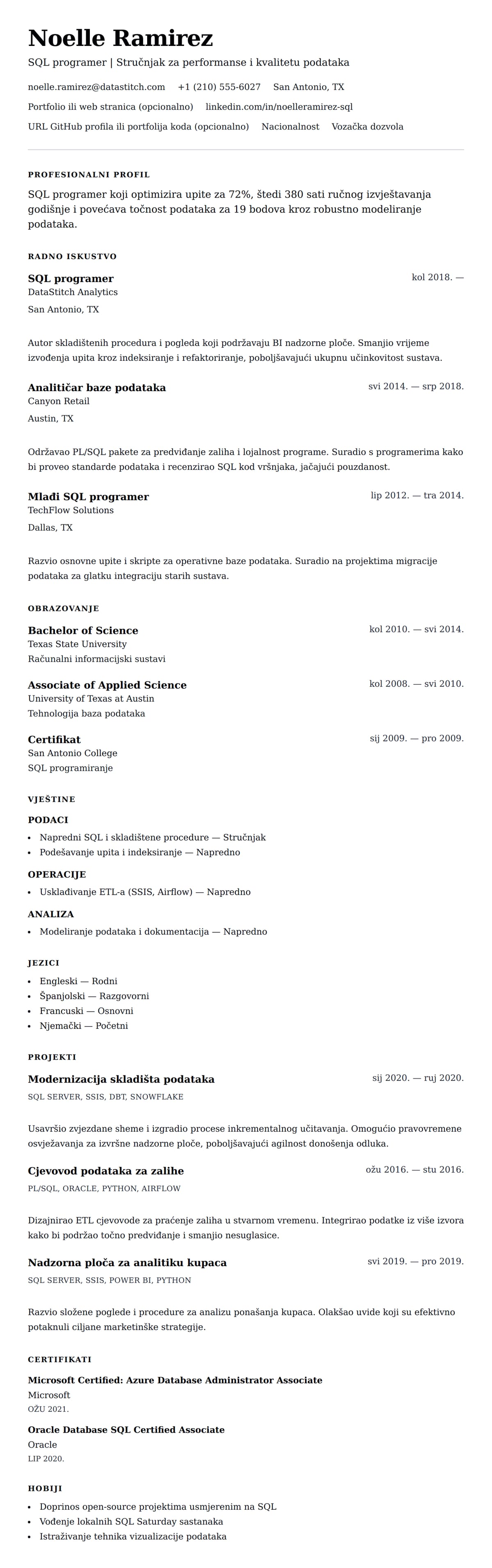 Pregled životopisa za Primjer CV-a za SQL programera