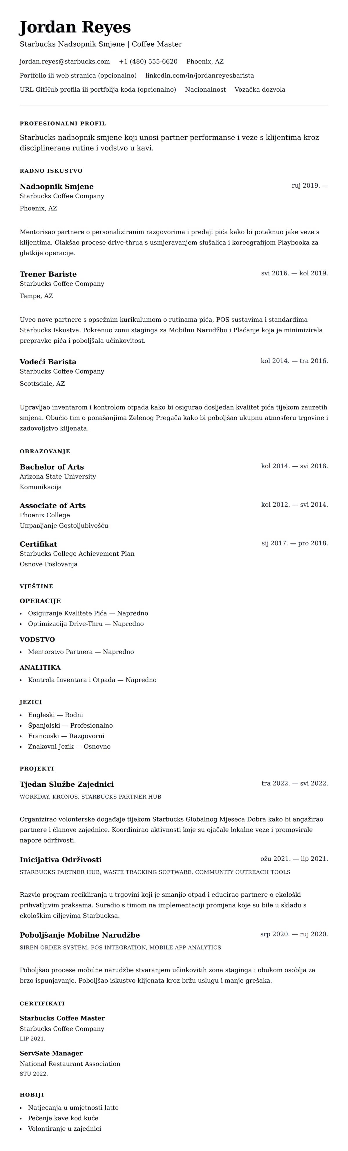 Pregled životopisa za Primjer Resumija za Starbucks Nadзорnika Smjene