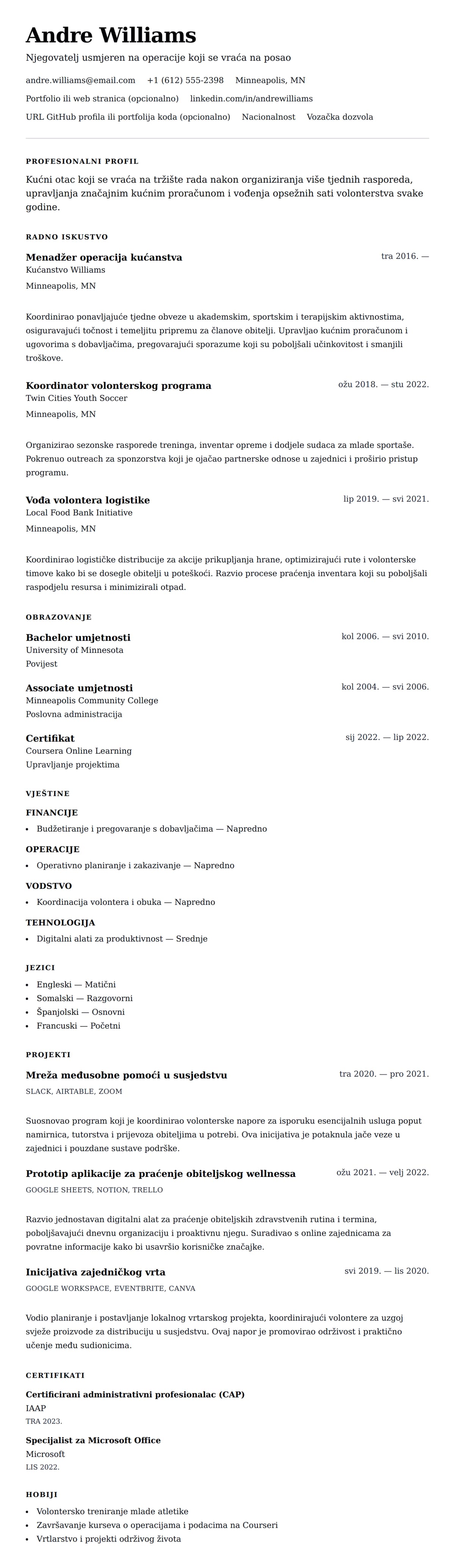 Pregled životopisa za Primjer životopisa kućnog oca