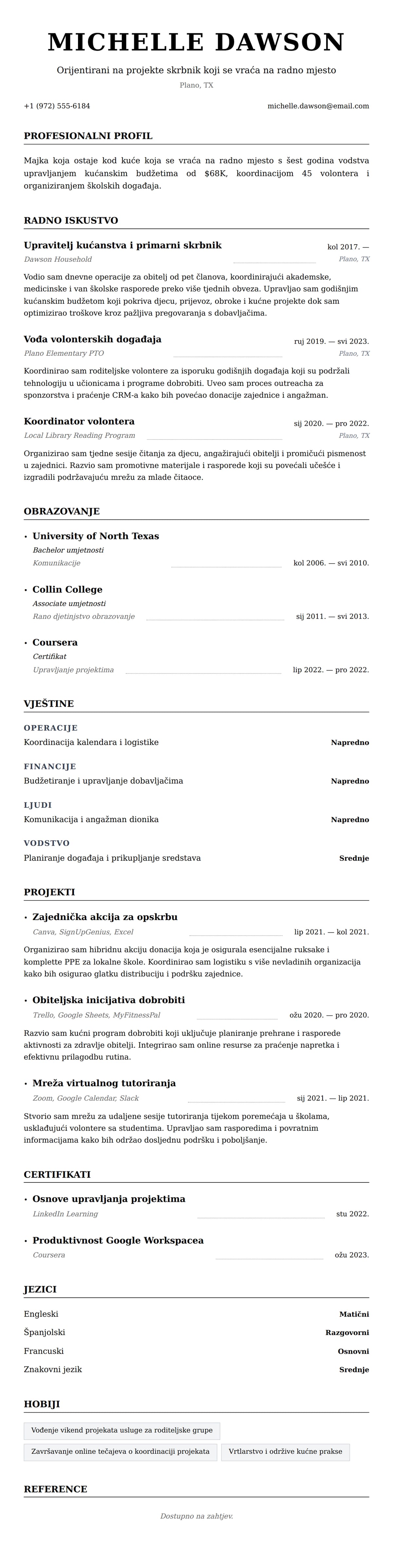 Pregled životopisa za Primjer CV-a za majku koja ostaje kod kuće