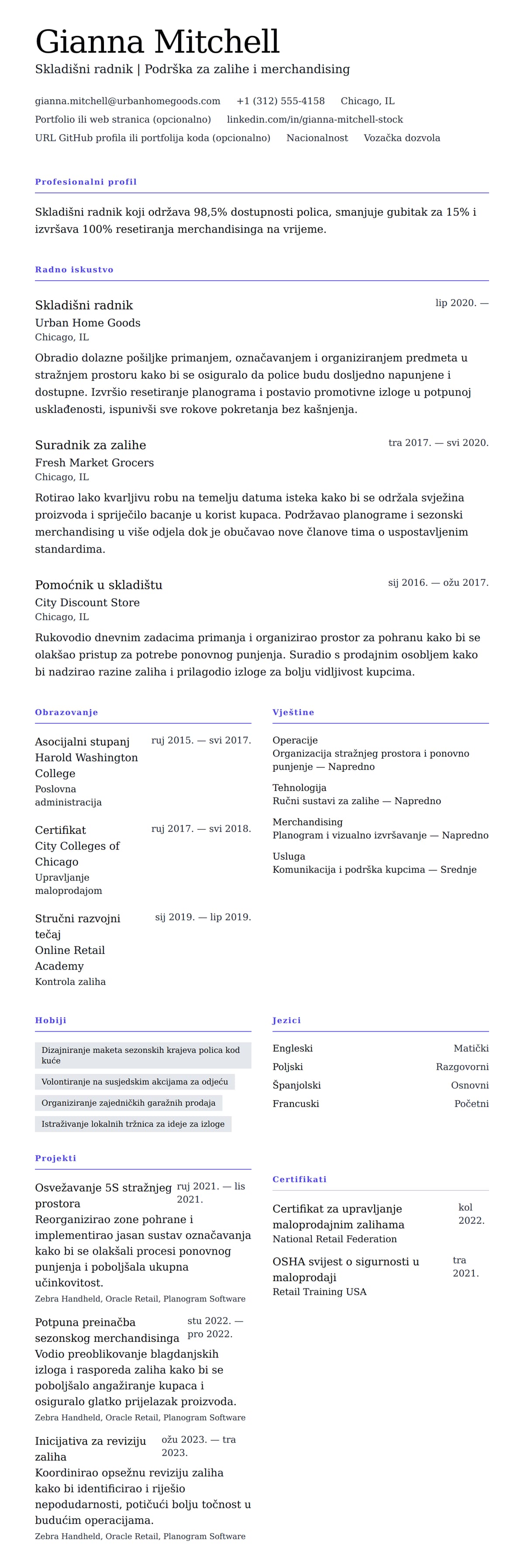 Pregled životopisa za Primjer životopisa za skladišnog radnika