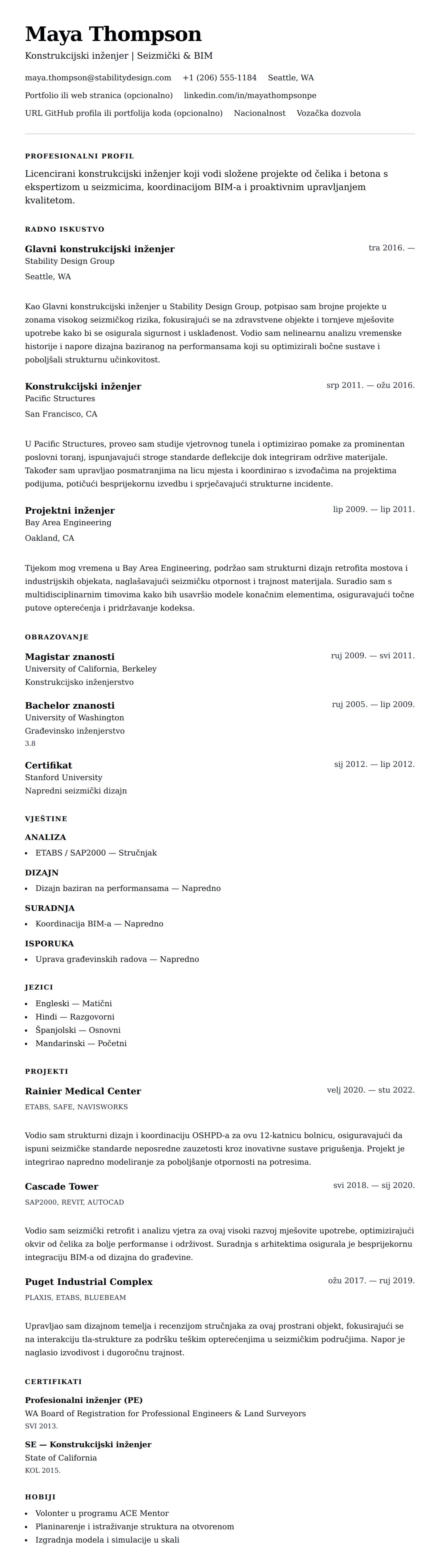 Pregled životopisa za Primjer životopisa za Konstrukcijskog inženjera