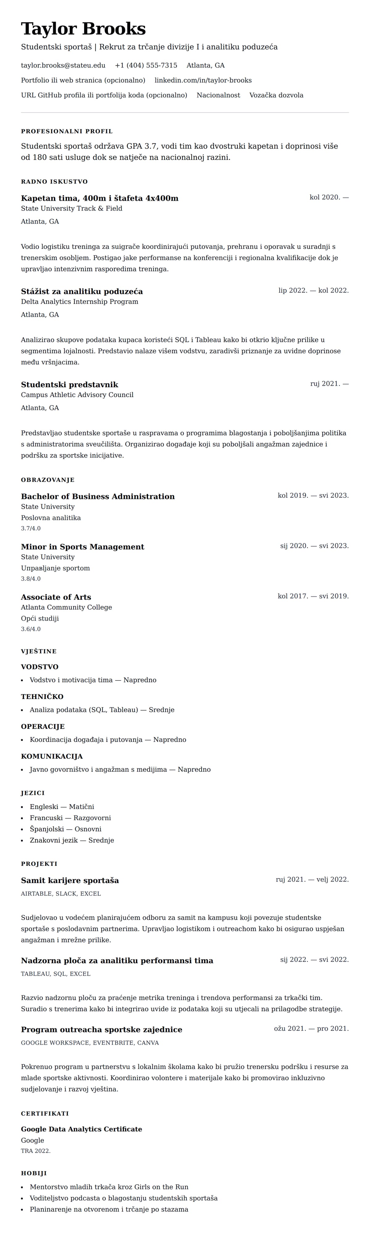 Pregled životopisa za Primjer životopisa studentskog sportaša