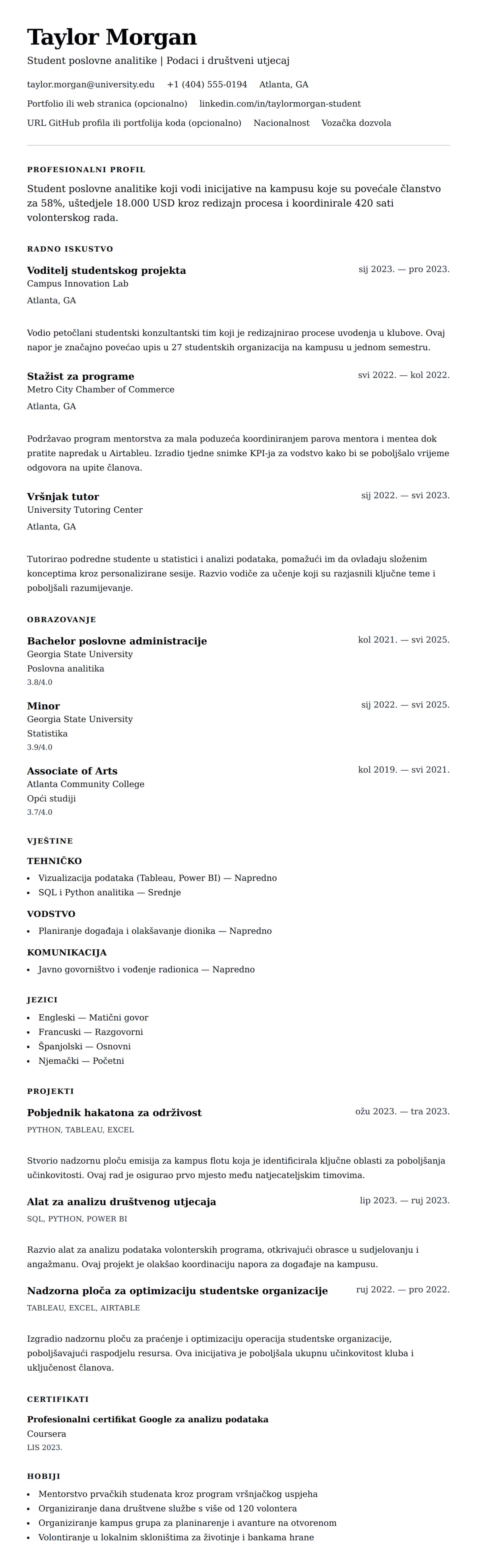 Pregled životopisa za Primjer životopisa studenta