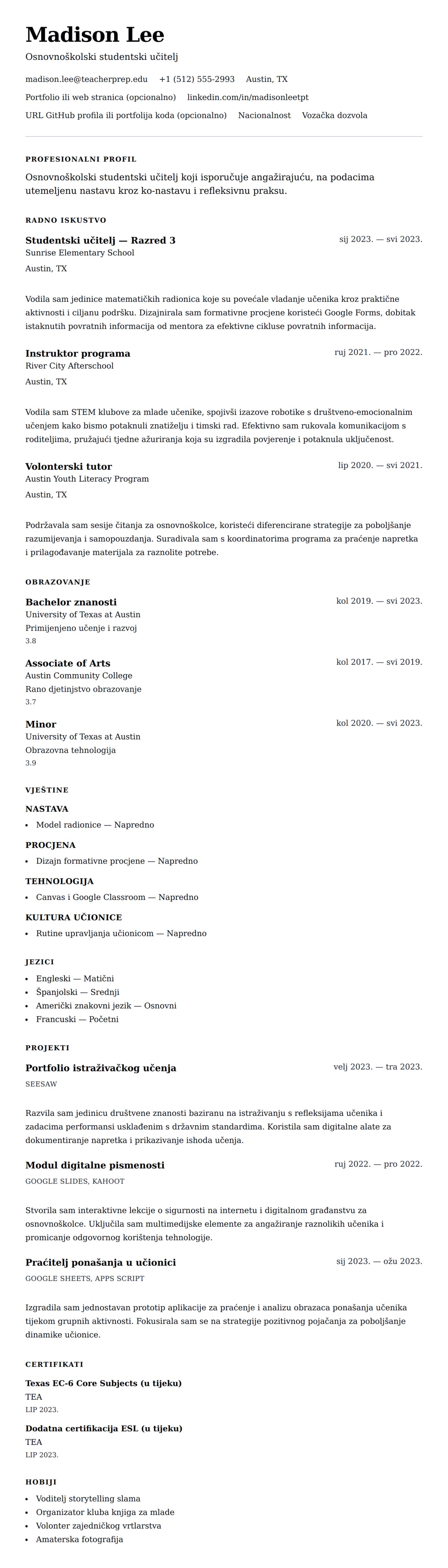 Pregled životopisa za Primjer životopisa studentskog učitelja