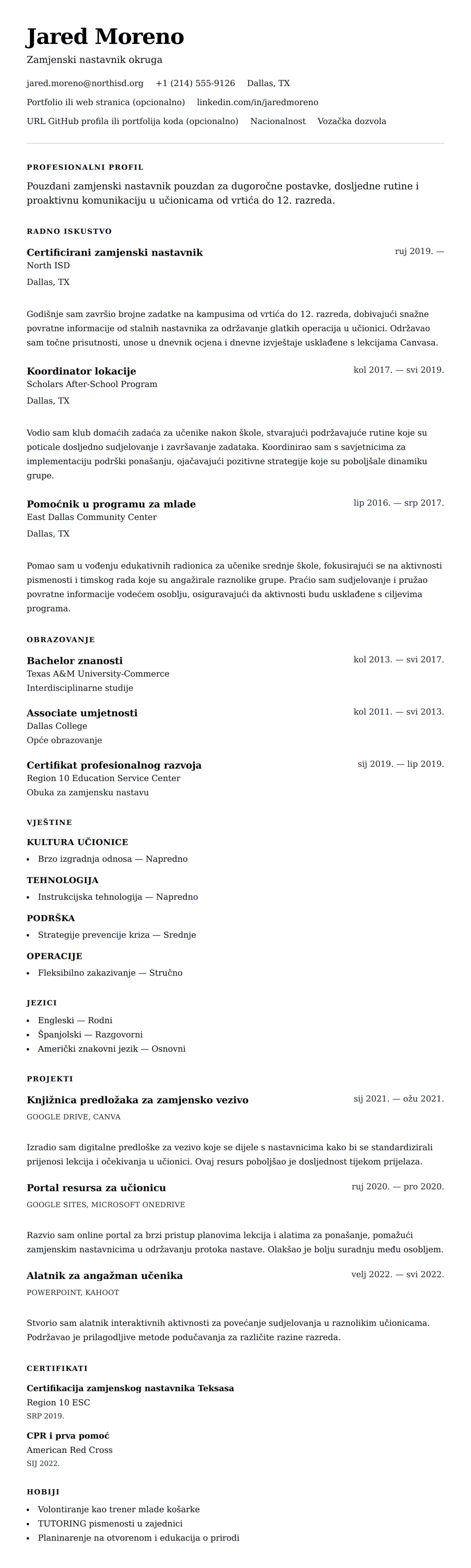 Pregled životopisa za Primjer životopisa za zamjenskog nastavnika