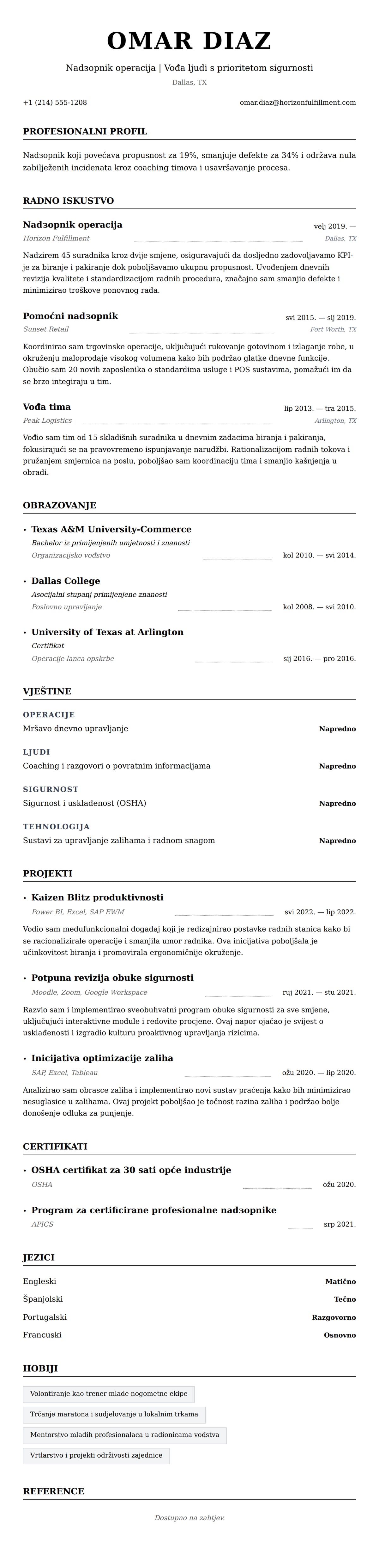 Pregled životopisa za Primjer životopisa za nadзорnika