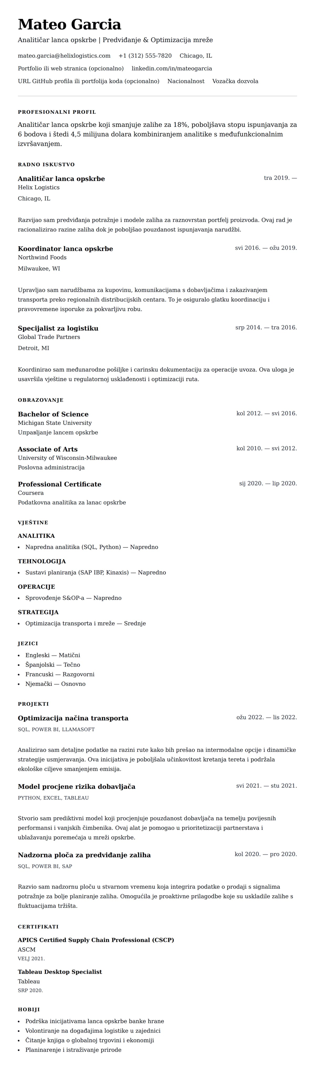 Pregled životopisa za Primjer životopisa analitičara lanca opskrbe