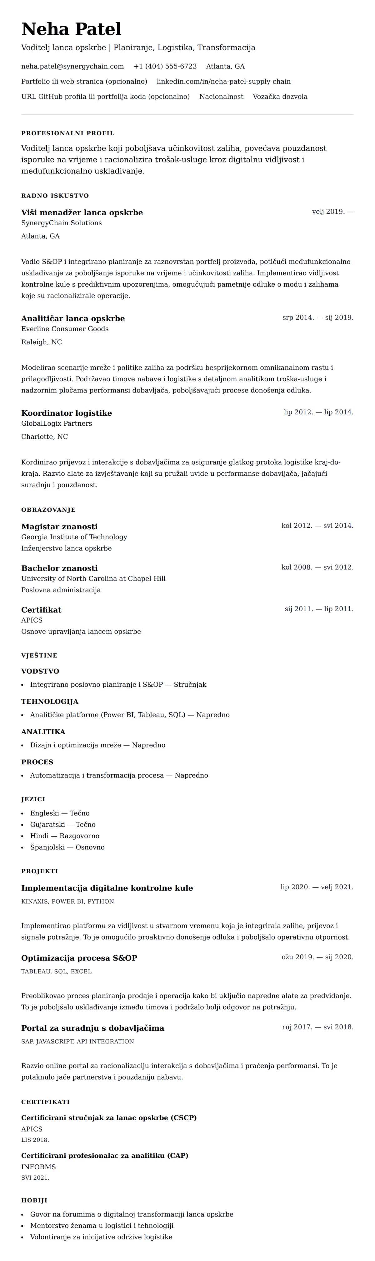 Pregled životopisa za Primjer životopisa stručnjaka za lanac opskrbe