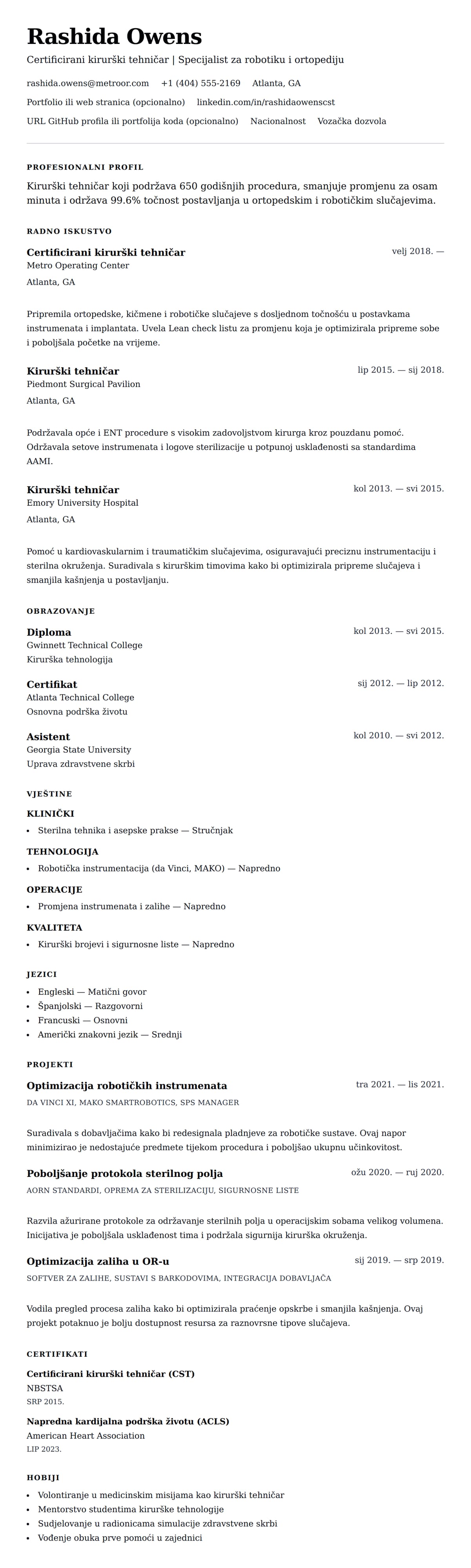 Pregled životopisa za Primjer životopisa kirurškog tehničara