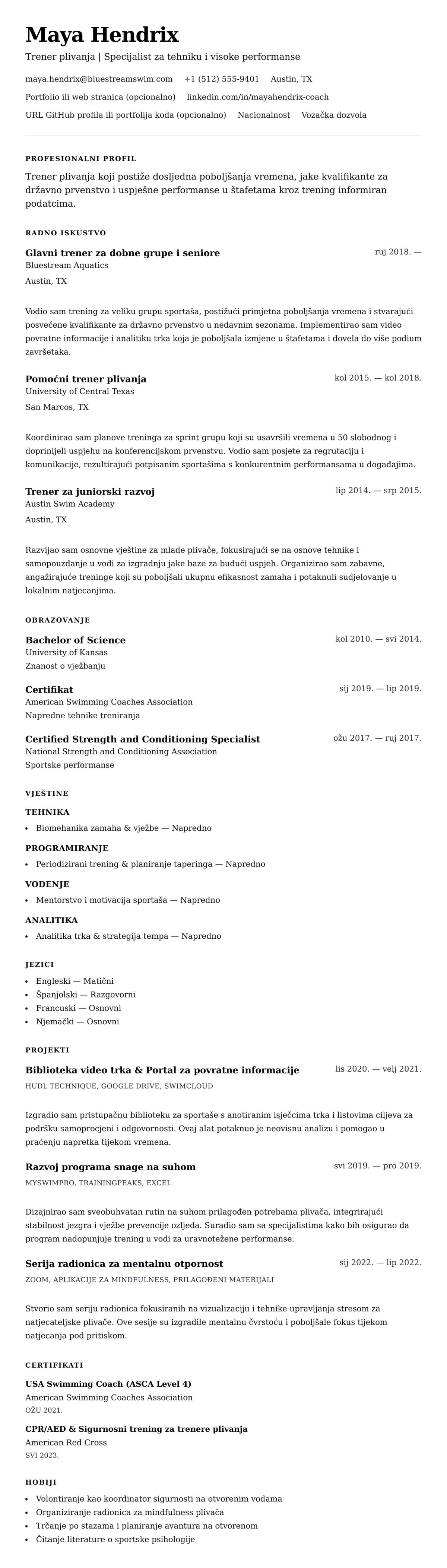 Pregled životopisa za Primjer životopisa za trenera plivanja