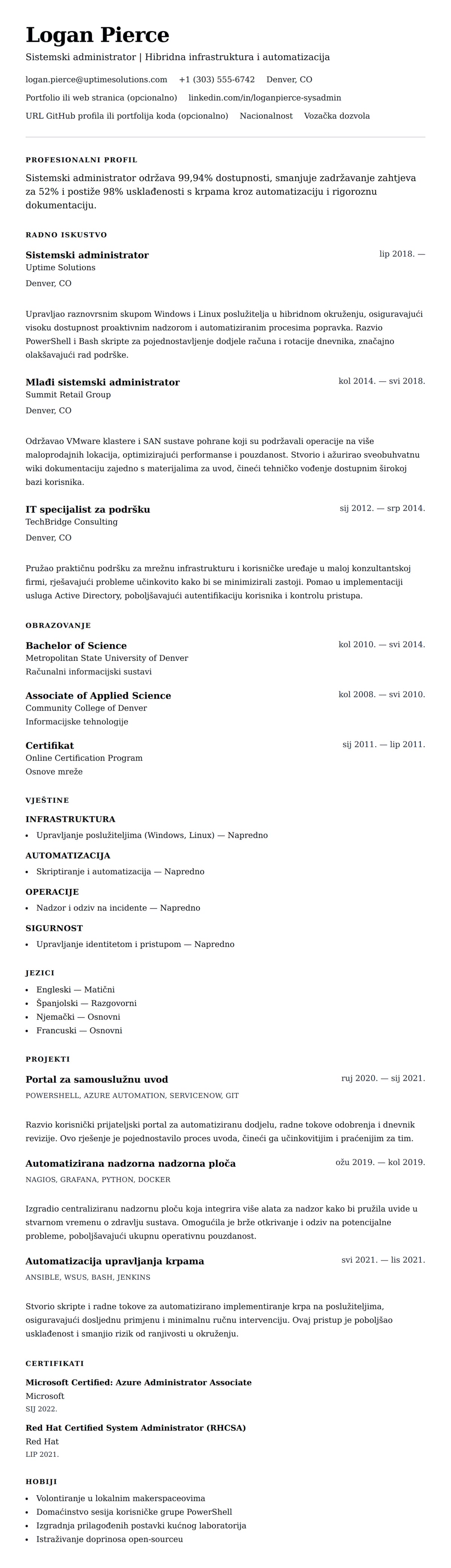 Pregled životopisa za Primjer životopisa za sistemskog administratora