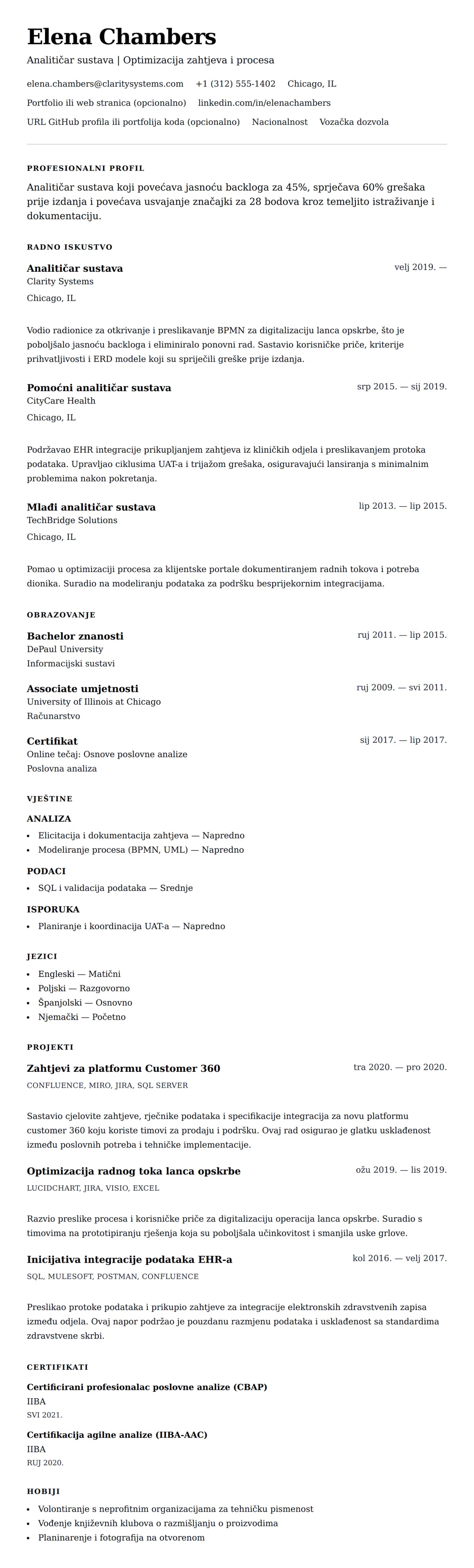 Pregled životopisa za Primjer životopisa analitičara sustava