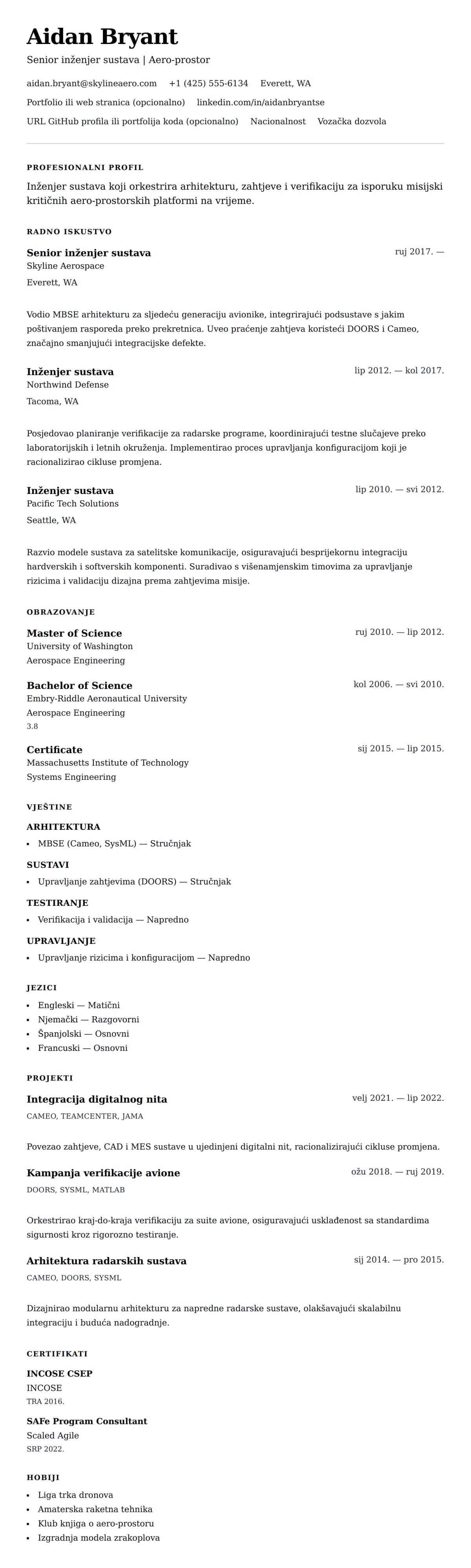 Pregled životopisa za Primjer životopisa za inženjera sustava