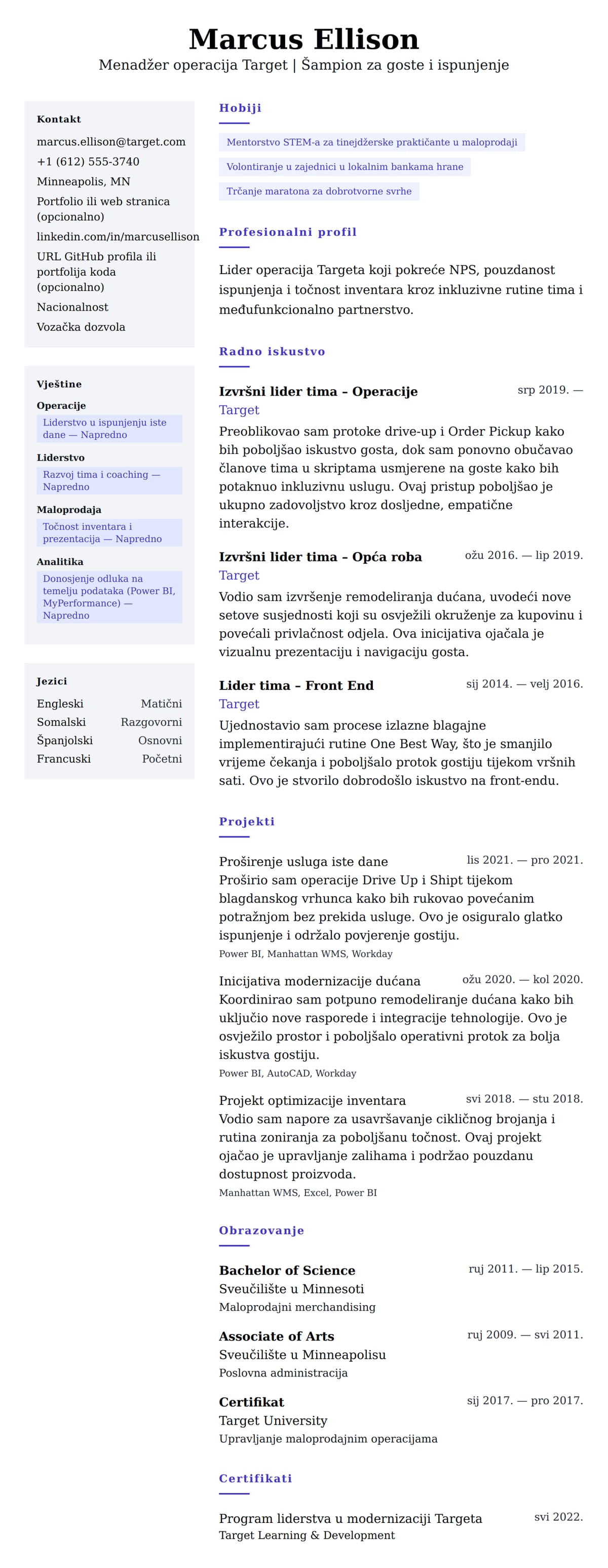 Pregled životopisa za Primjer životopisa za menadžera operacija u Targetu
