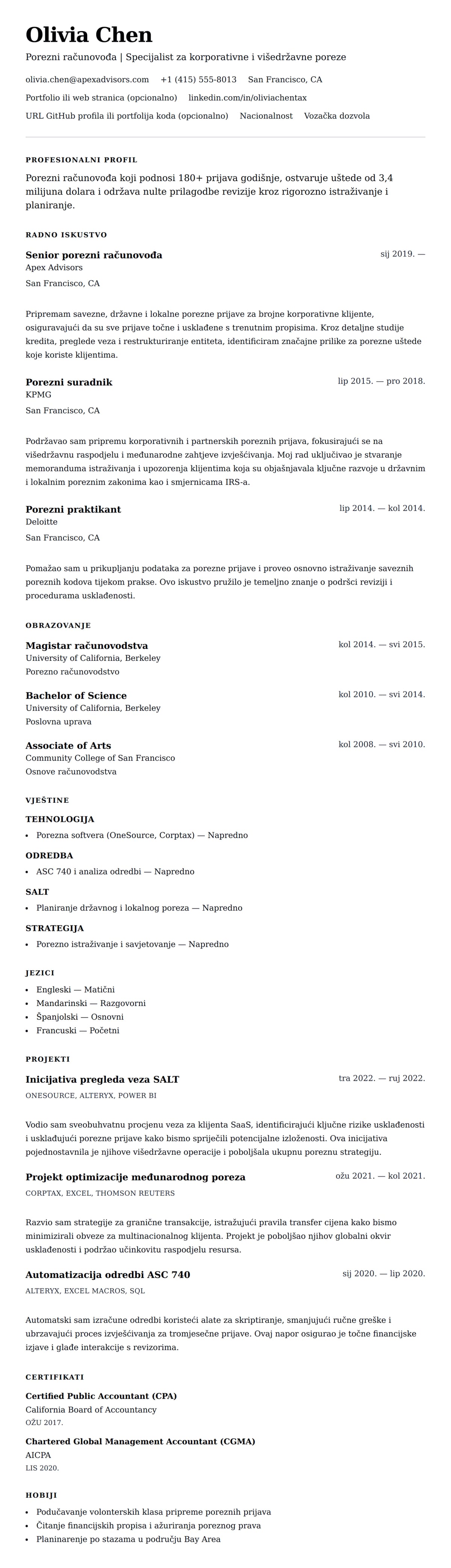 Pregled životopisa za Primjer životopisa poreznog računovođe