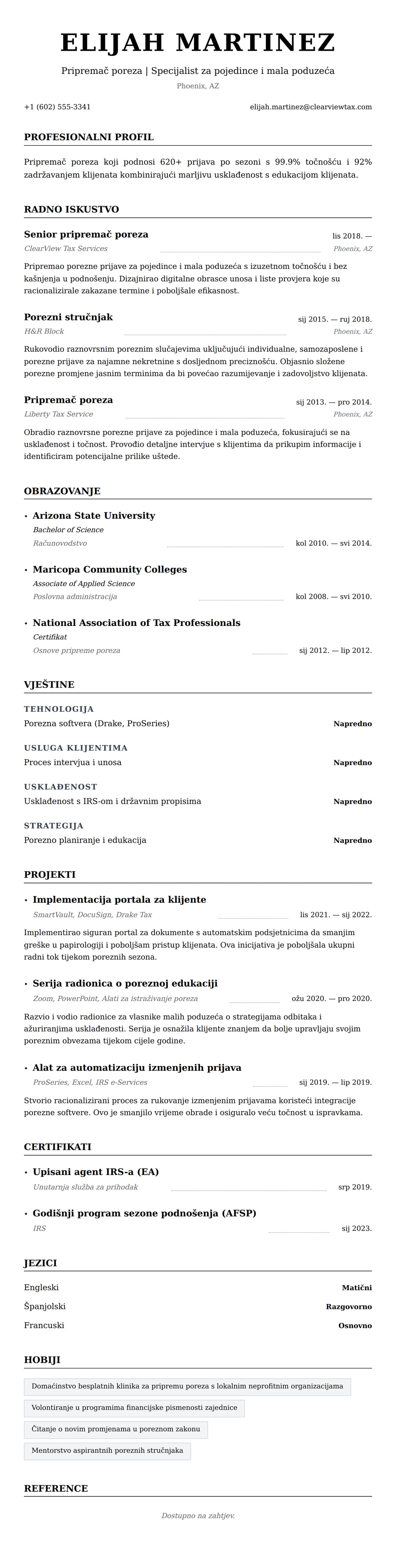 Pregled životopisa za Primjer životopisa pripremača poreza