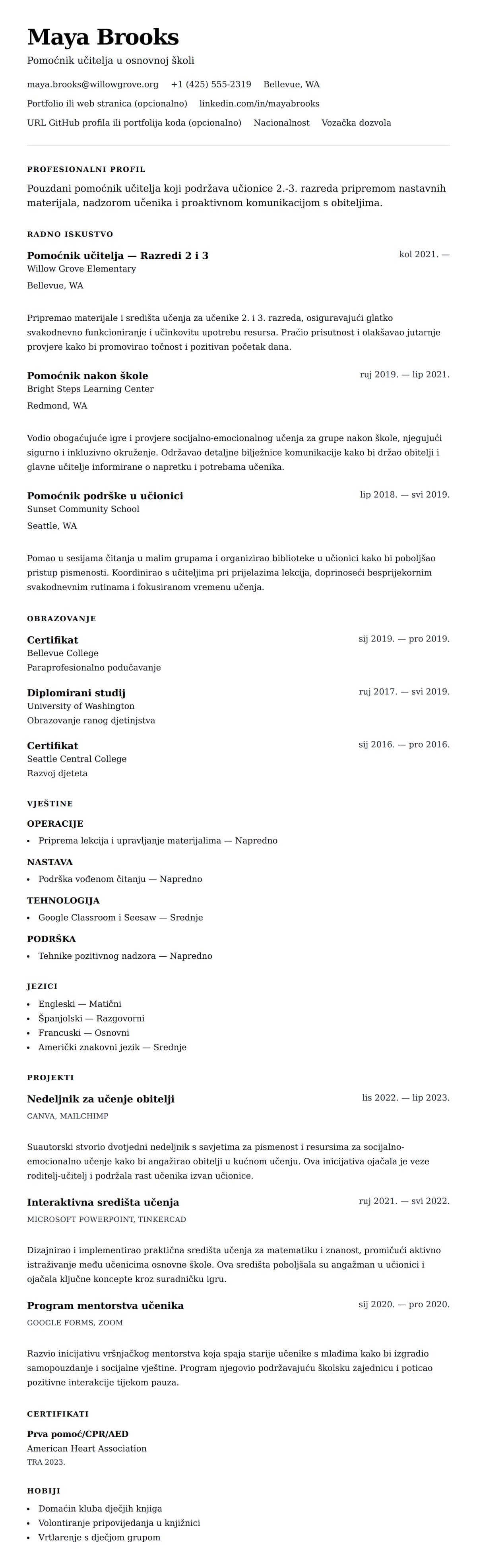 Pregled životopisa za Primjer životopisa za pomoćnika učitelja