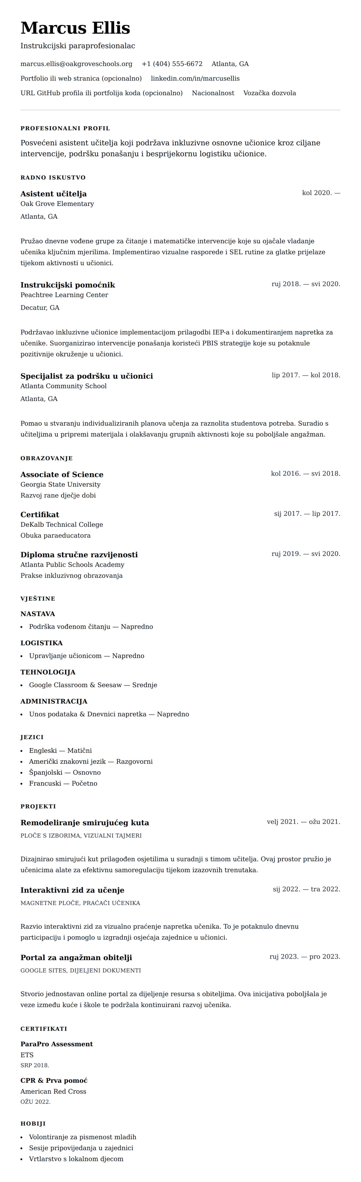 Pregled životopisa za Primjer životopisa za asistenta učitelja