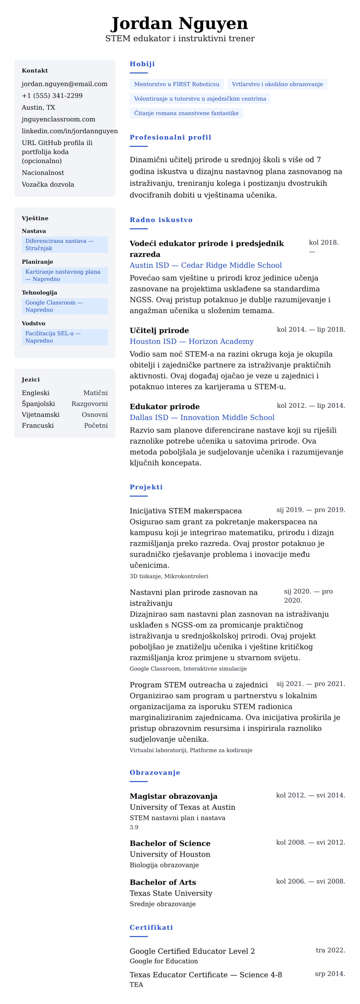 Pregled životopisa za Primjer životopisa učitelja