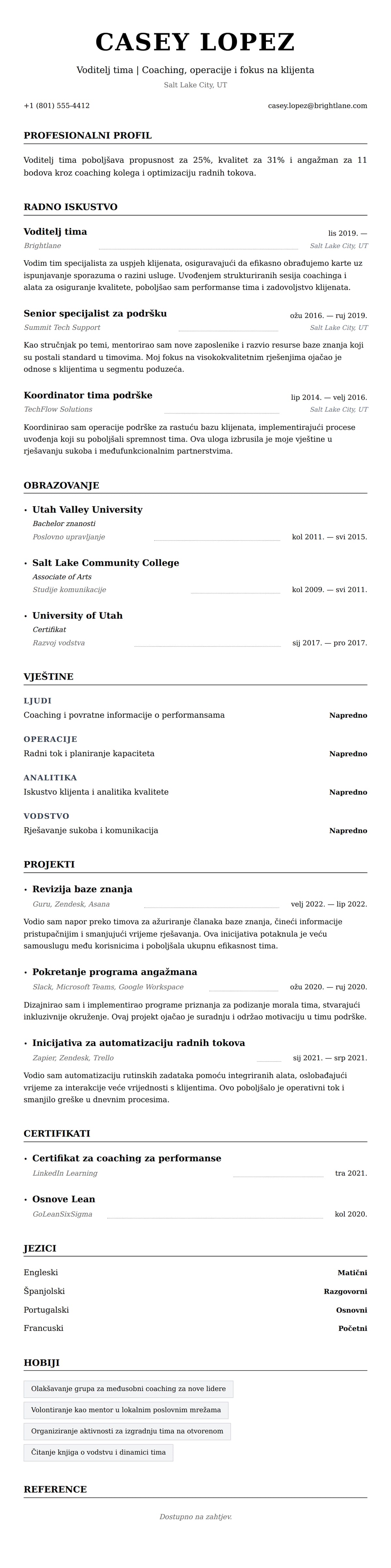 Pregled životopisa za Primjer životopisa za voditelja tima