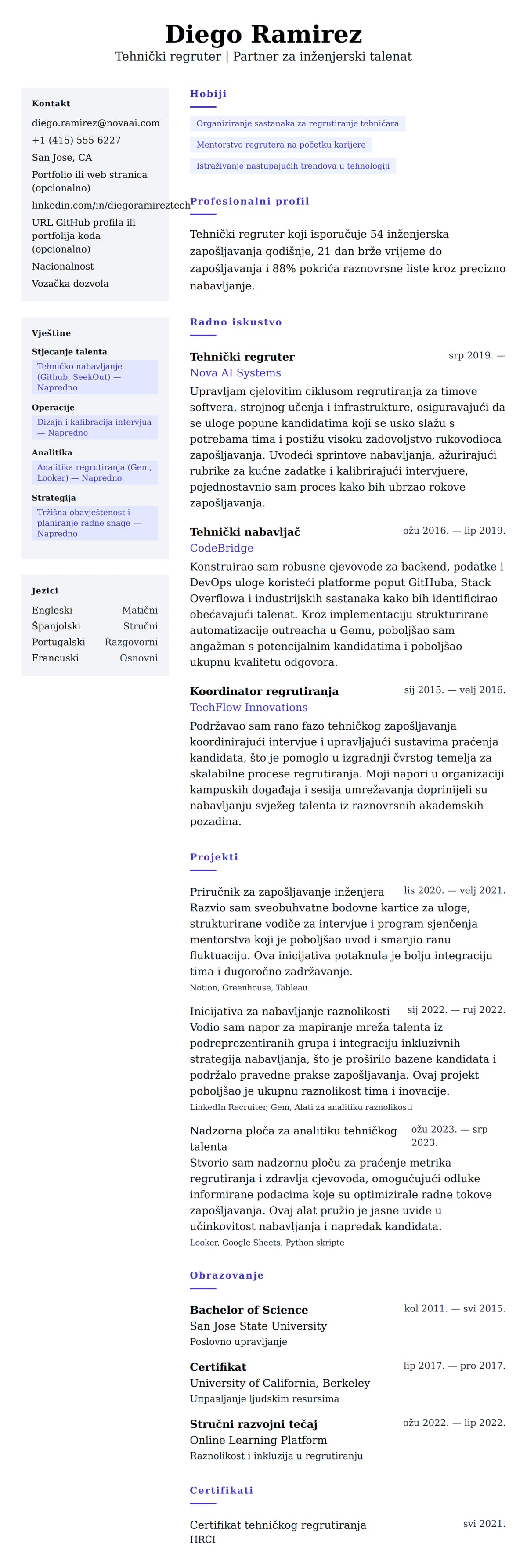 Pregled životopisa za Primjer životopisa tehničkog regrutera