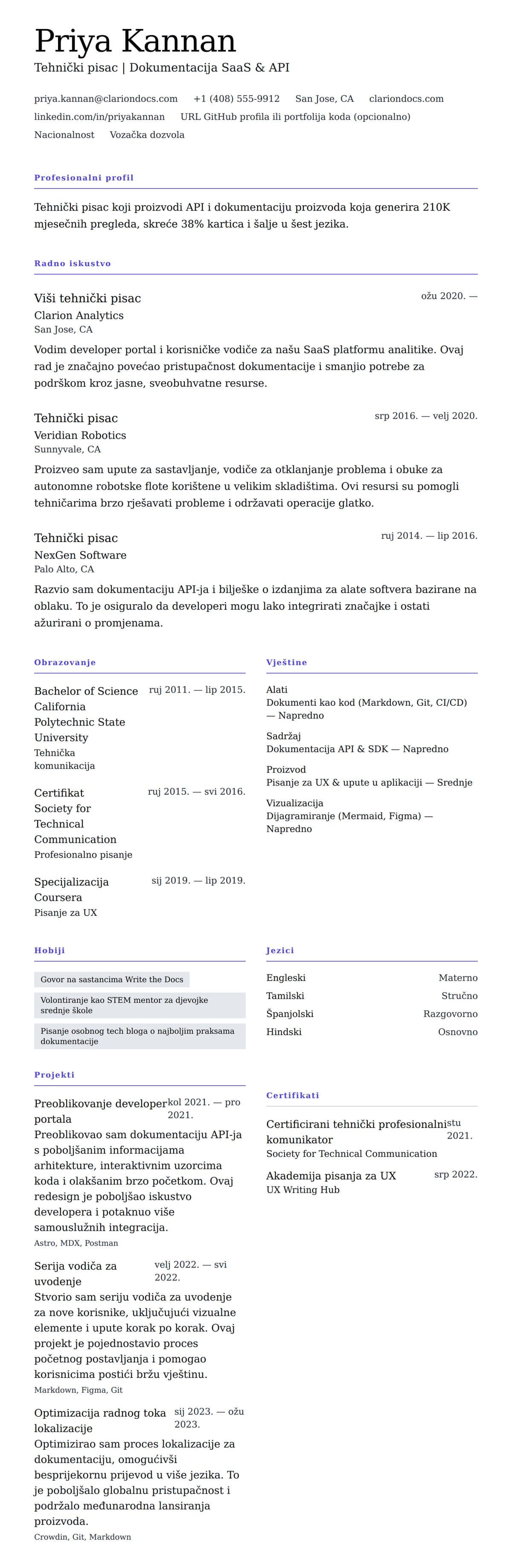 Pregled životopisa za Primjer rezimea tehničkog pisca