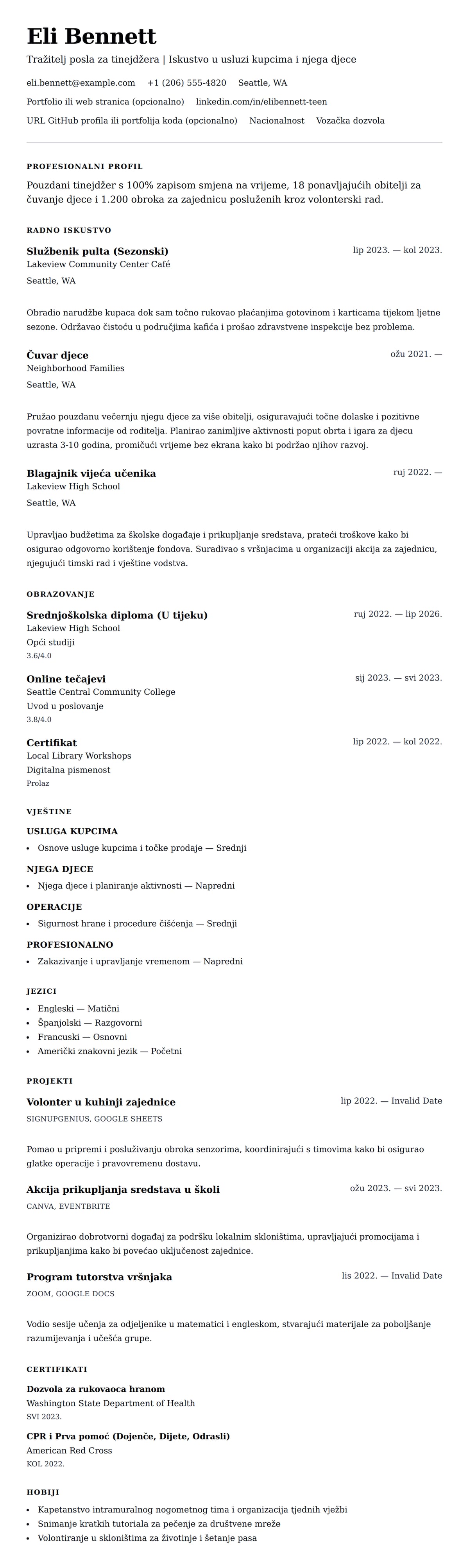 Pregled životopisa za Primjer rezimea za tražitelja posla za tinejdžera
