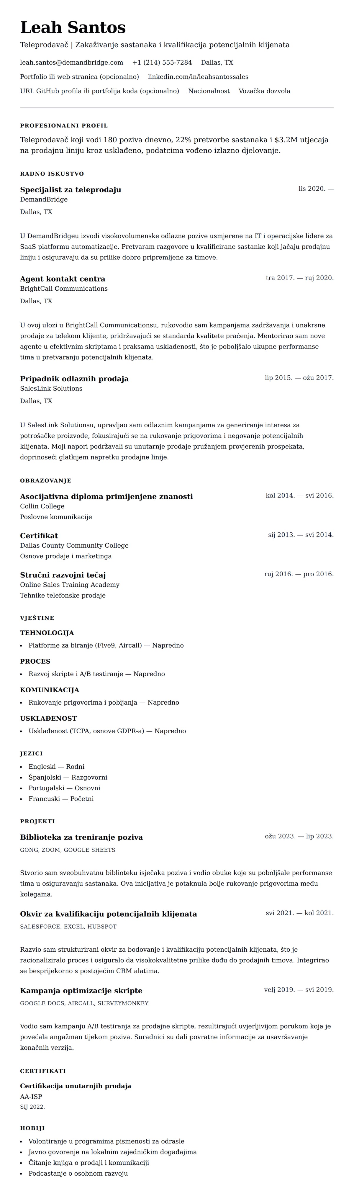 Pregled životopisa za Primjer životopisa teleprodavača