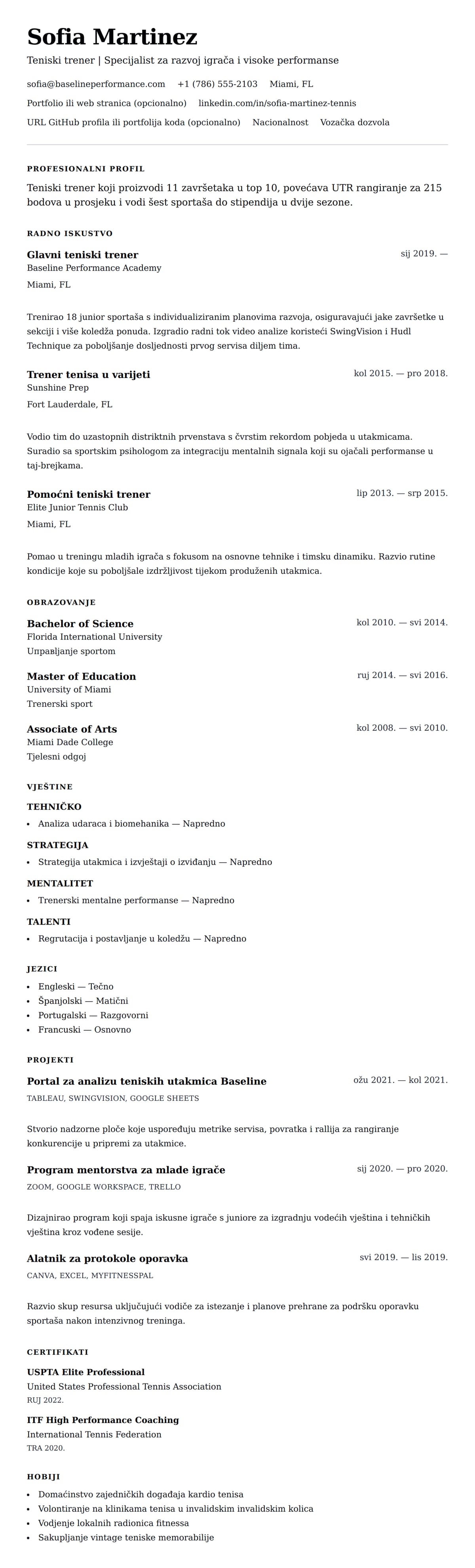 Pregled životopisa za Primjer rezimea za teniskog trenera