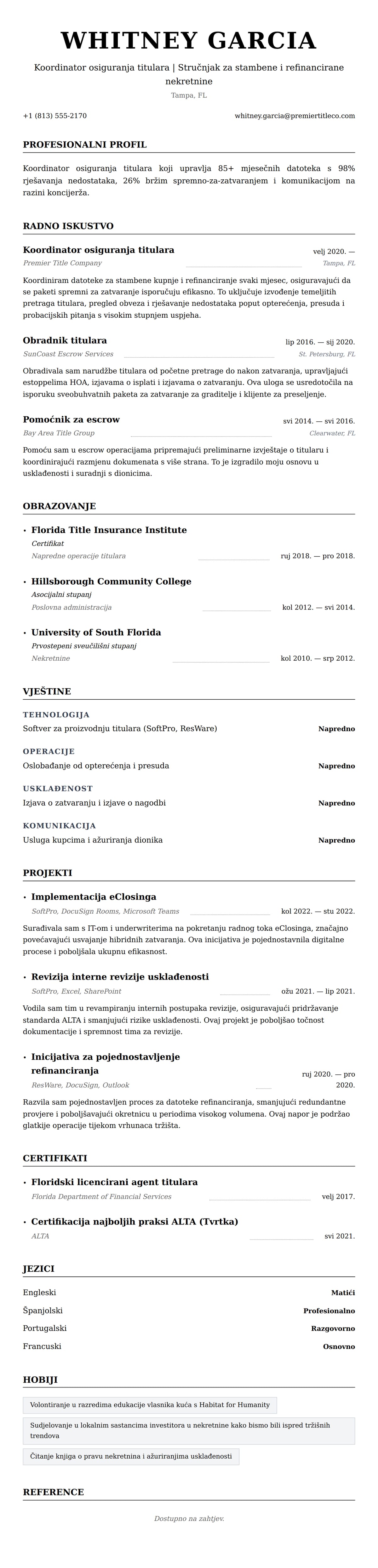 Pregled životopisa za Primjer životopisa za koordinatora osiguranja titulara