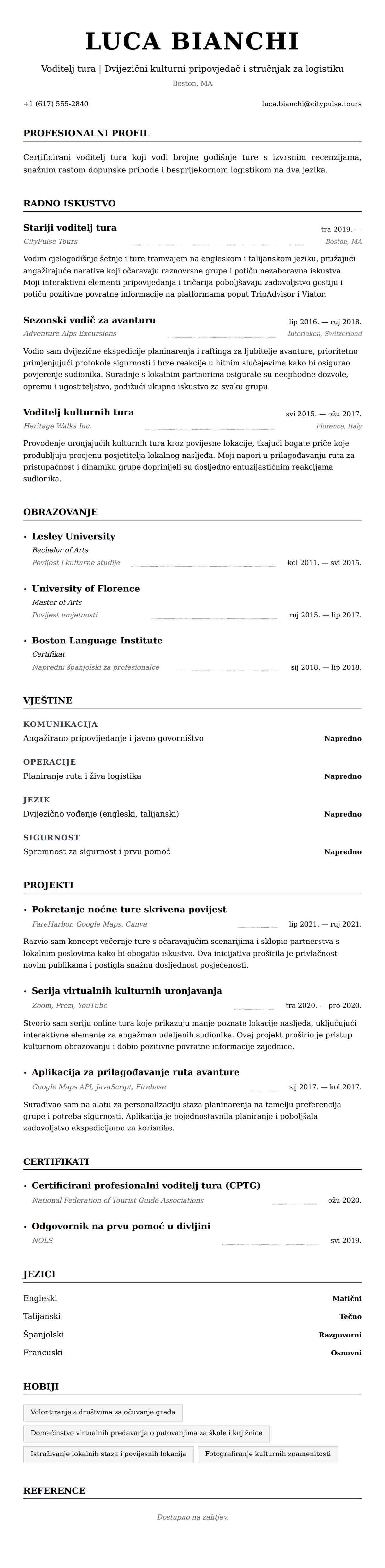 Pregled životopisa za Primjer životopisa za voditelja tura