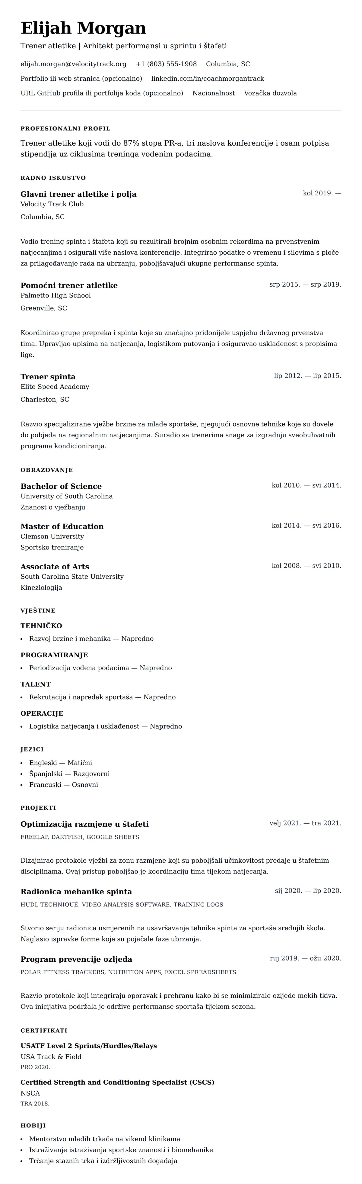 Pregled životopisa za Primjer CV-a za trenera atletike