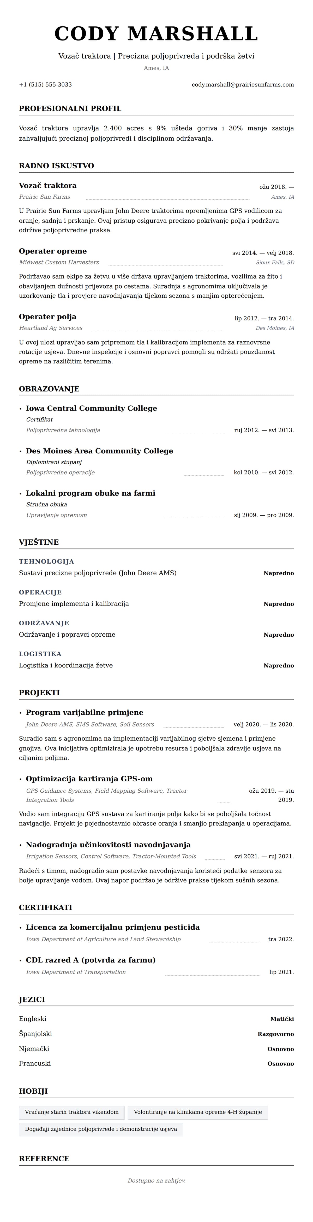 Pregled životopisa za Primjer životopisa vozača traktora