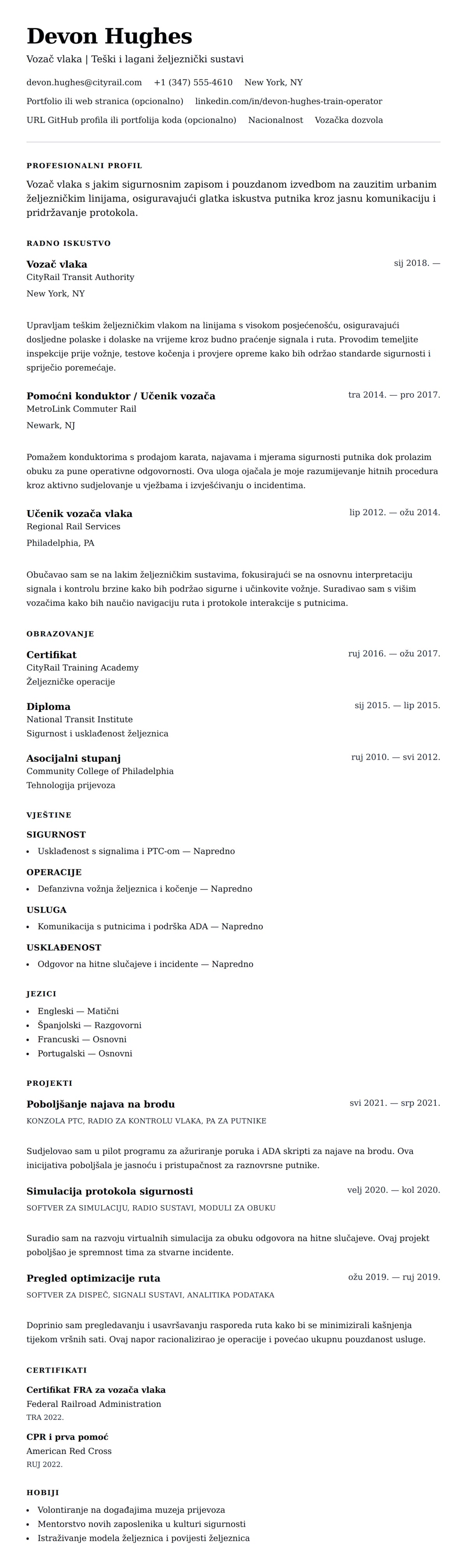Pregled životopisa za Primjer životopisa vozača vlaka