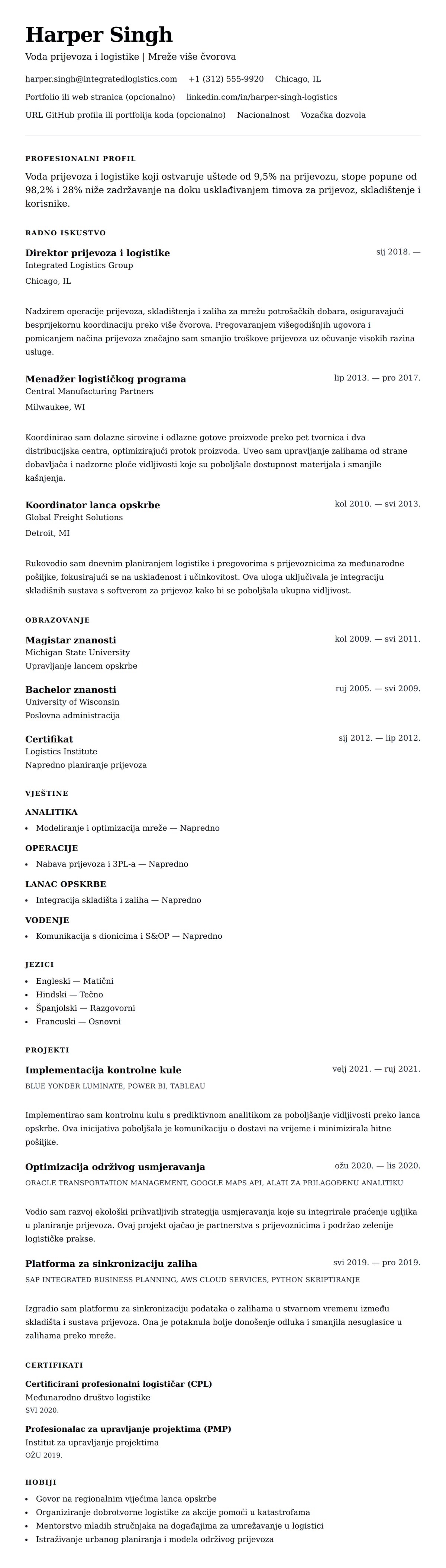Pregled životopisa za Primjer životopisa stručnjaka za prijevoz i logistiku