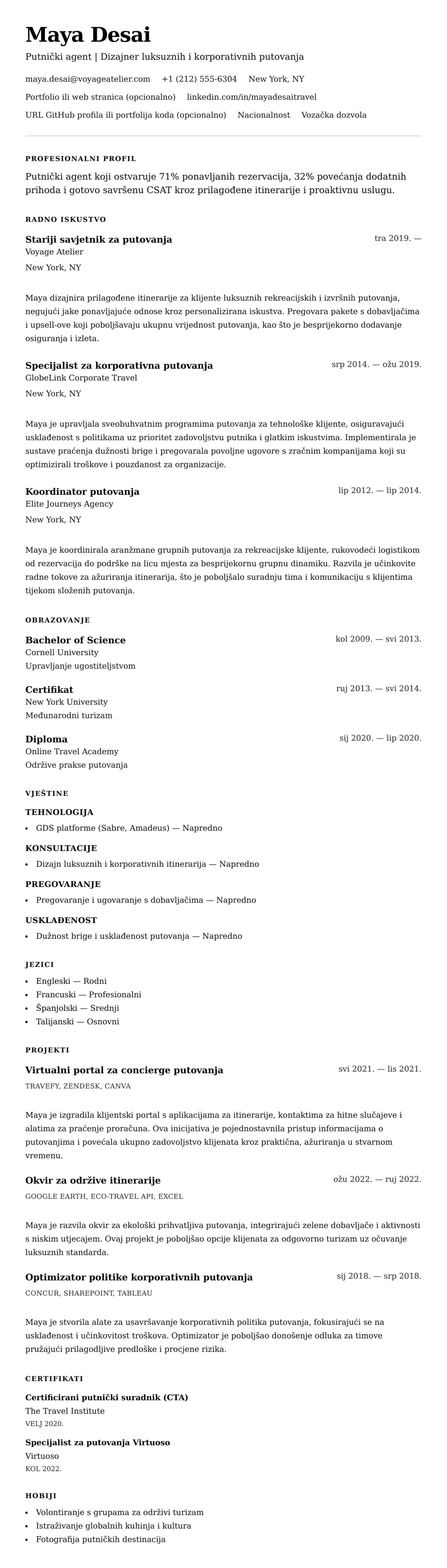 Pregled životopisa za Primjer životopisa putničkog agenta