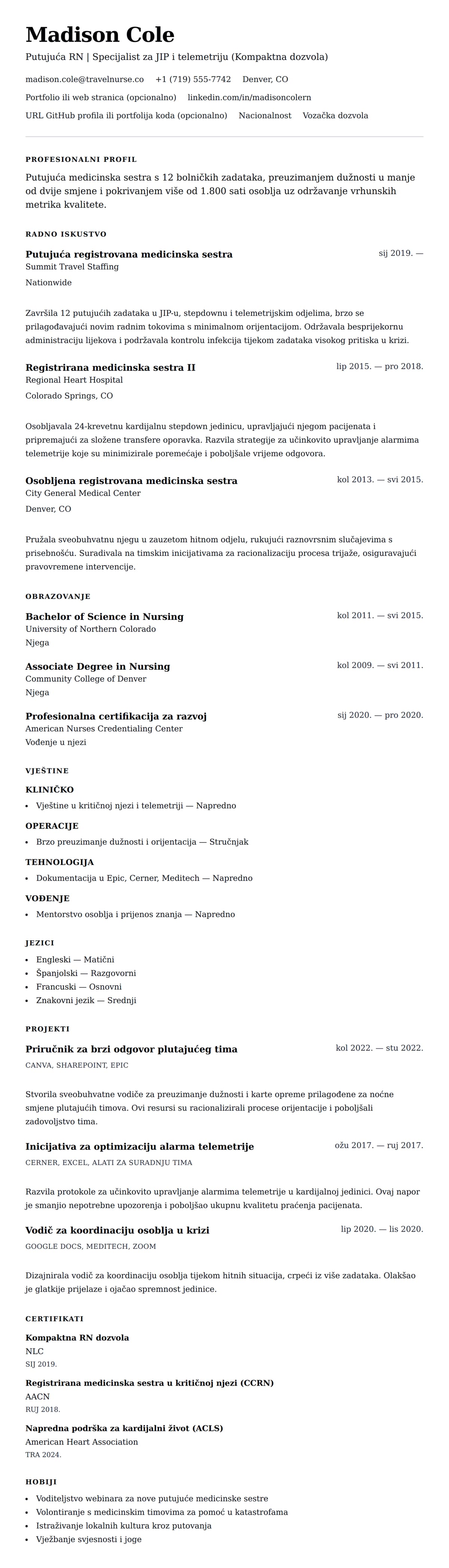 Pregled životopisa za Primjer životopisa putujuće medicinske sestre