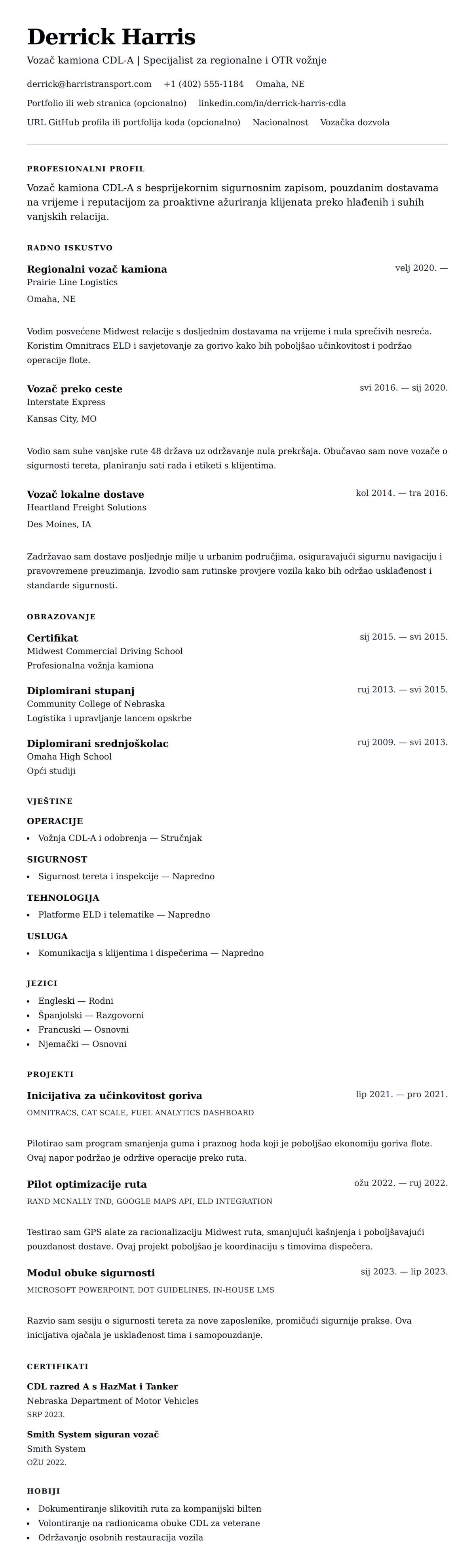 Pregled životopisa za Primjer životopisa vozača kamiona