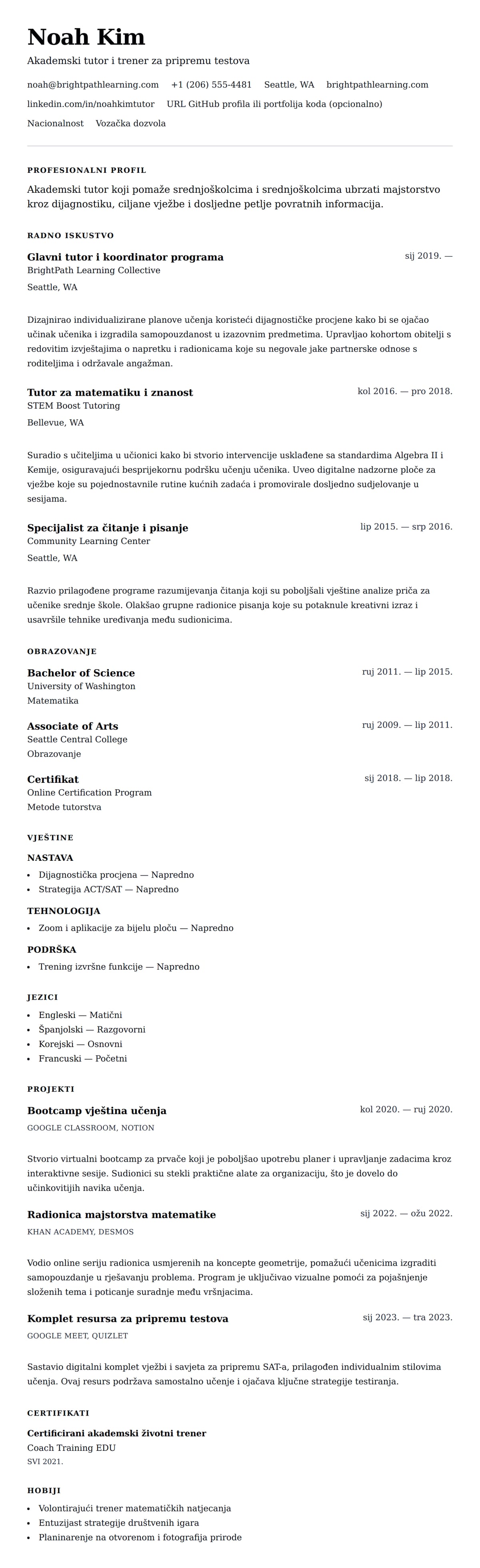 Pregled životopisa za Primjer životopisa za tutora