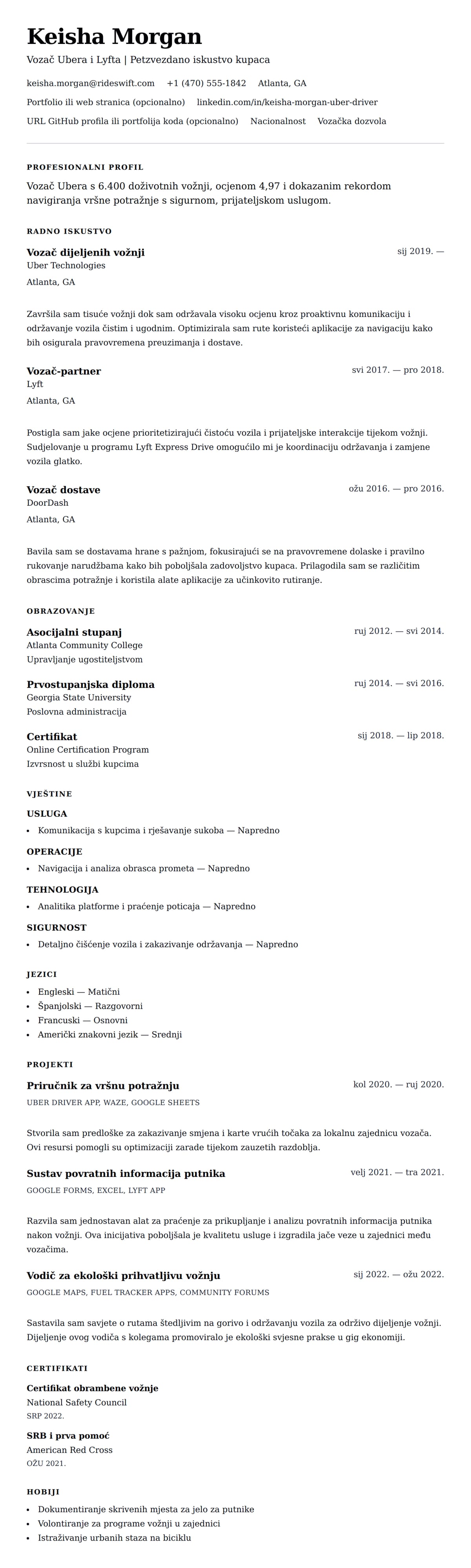 Pregled životopisa za Primjer životopisa vozača Ubera