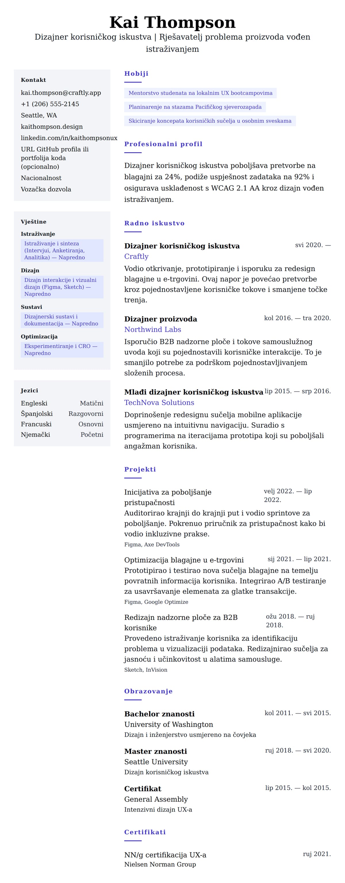 Pregled životopisa za Primjer CV-a za dizajnera korisničkog iskustva