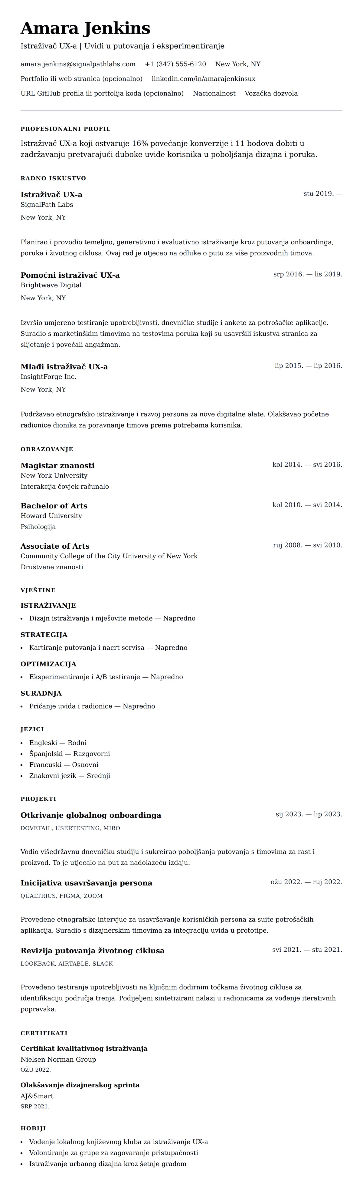 Pregled životopisa za Primjer životopisa za istraživača UX-a