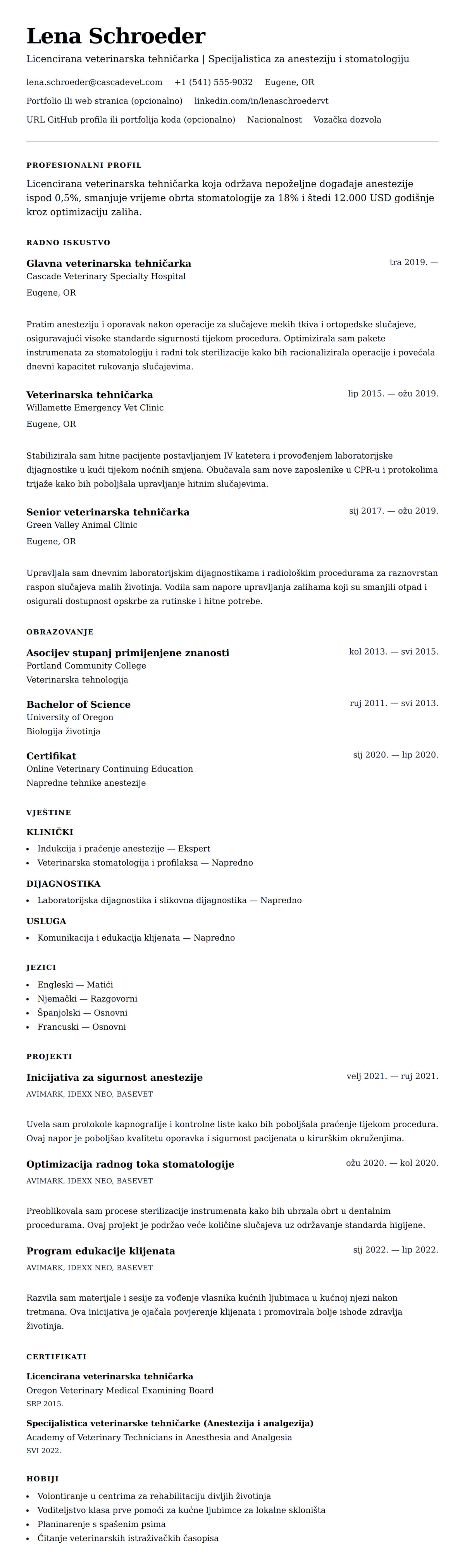 Pregled životopisa za Primjer životopisa veterinarske tehničarke